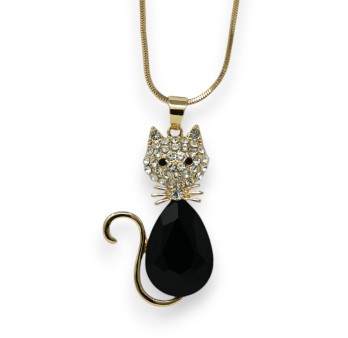Collier fantaisie long doré chat noir et brillant