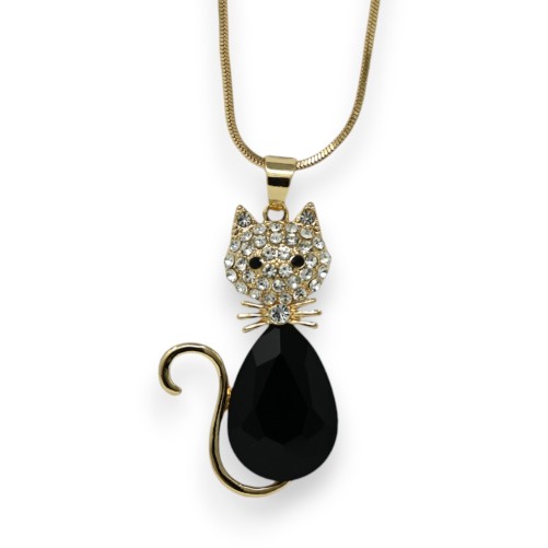 Collier fantaisie long doré chat noir et brillant