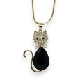 Collier fantaisie long doré chat noir et brillant