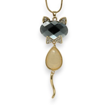 Collier fantaisie doré chat pierre gris et beige
