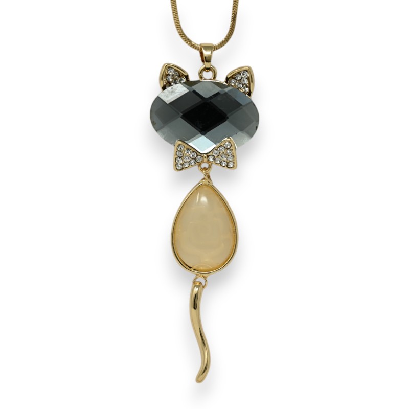 Collier fantaisie doré chat pierre gris et beige