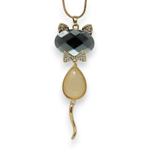 Collier fantaisie doré chat pierre gris et beige