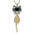 Collier fantaisie doré chat pierre gris et beige