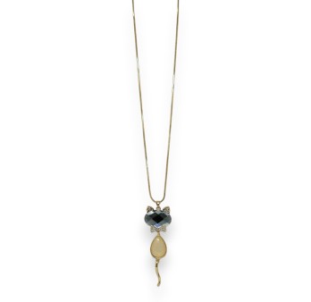 Collier fantaisie doré chat pierre gris et beige