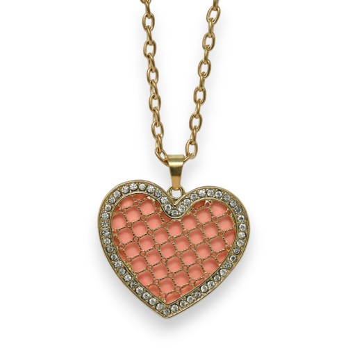 Collier fantaisie doré double coeur saumon