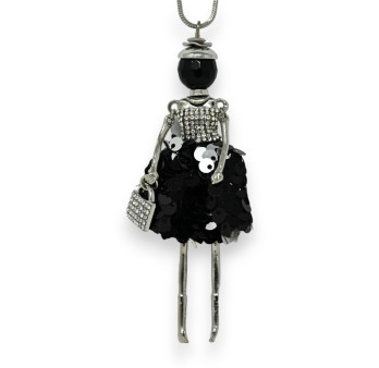 Collier fantaisie argenté long poupée robe noire