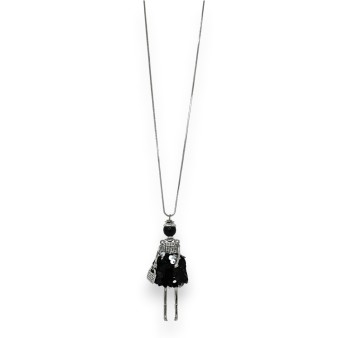 Collier fantaisie argenté long poupée robe noire
