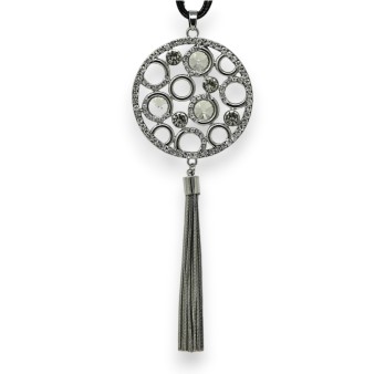 Collier fantaisie long argenté médaillon bulle de strass et pompon
