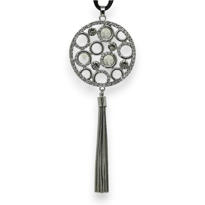 Collier fantaisie long argenté médaillon bulle de strass et pompon