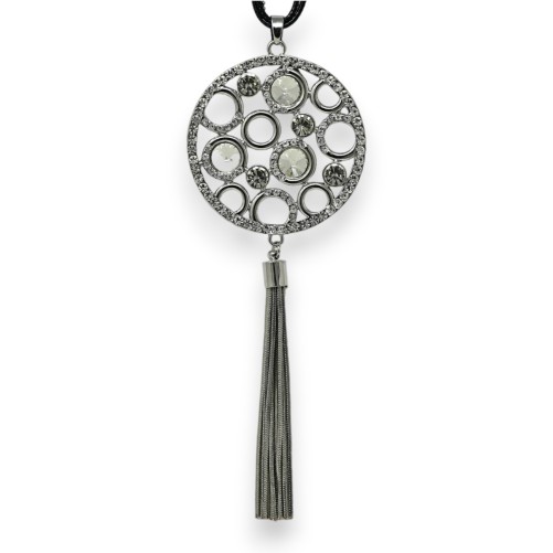 Collier fantaisie long argenté médaillon bulle de strass et pompon