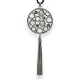 Collier fantaisie long argenté médaillon bulle de strass et pompon