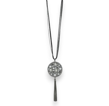 Collier fantaisie long argenté médaillon bulle de strass et pompon