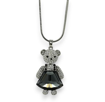 Collier fantaisie long argenté ourson fille strass