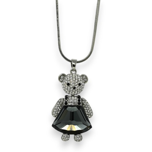 Collier fantaisie long argenté ourson fille strass