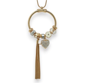 Collier fantaisie long doré charms blancs