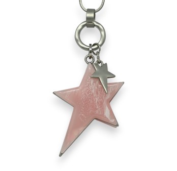 Collier fantaisie long argenté brossé étoile rose relief asymétrique