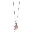Collier fantaisie long argenté brossé étoile rose relief asymétrique
