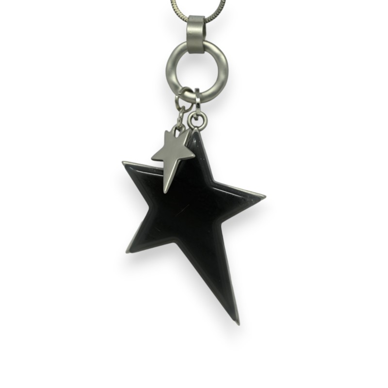 Collier fantaisie long argenté brossé étoile grise relief asymétrique