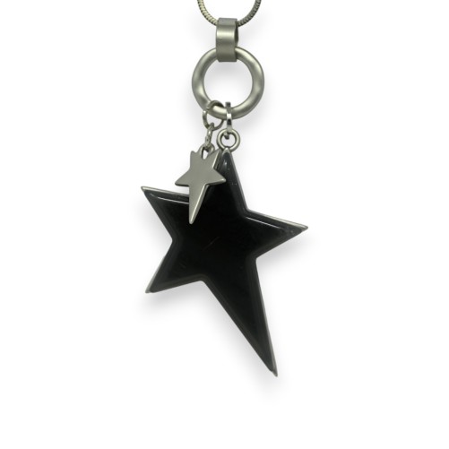 Collier fantaisie long argenté brossé étoile grise relief asymétrique