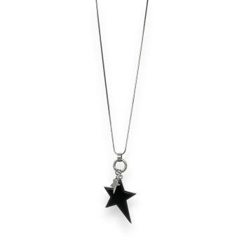 Collier fantaisie long argenté brossé étoile grise relief asymétrique