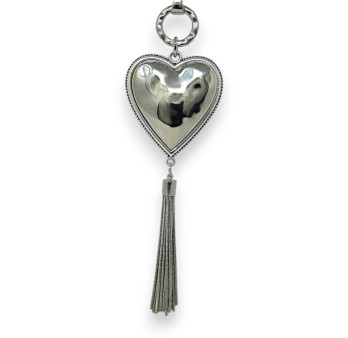 Collier fantaisie long argenté coeur relief pompon métallisé