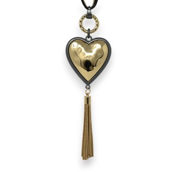 Collier fantaisie long doré coeur relief pompon métallisé