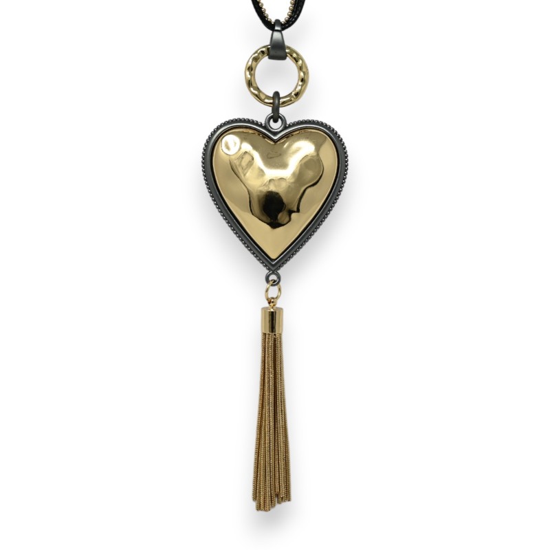 Collier fantaisie long doré coeur relief pompon métallisé