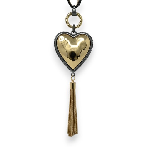 Collier fantaisie long doré coeur relief pompon métallisé
