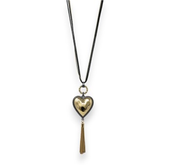 Collier fantaisie long doré coeur relief pompon métallisé