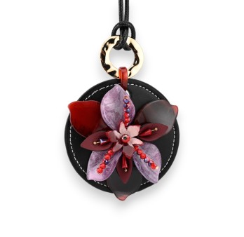 Collier fantaisie long fleurs relief nuance bordeau