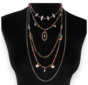 Collier fantaisie doré 4 rangées pierres multicolores