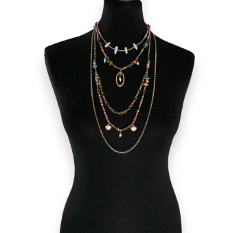 Collier fantaisie doré 4 rangées pierres multicolores
