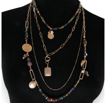 Collier fantaisie doré 4 rangées perles rouge et turquoise