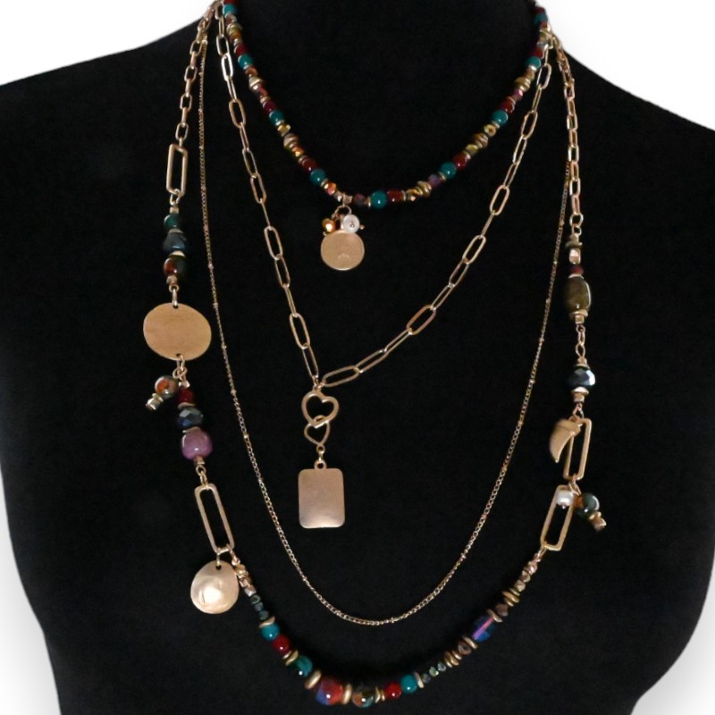 Collier fantaisie doré 4 rangées perles rouge et turquoise