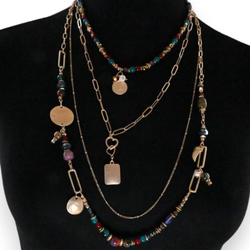 Collier fantaisie doré 4 rangées perles rouge et turquoise