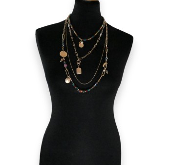 Collier fantaisie doré 4 rangées perles rouge et turquoise