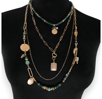 Collier fantaisie doré 4 rangées perles nuances vertes