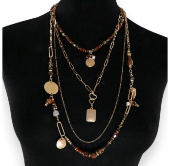 Collier fantaisie doré 4 rangées pierres nuance marron