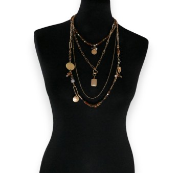 Collier fantaisie doré 4 rangées pierres nuance marron