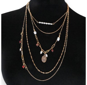 Collier fantaisie doré 5 rangées perles grena et blanches