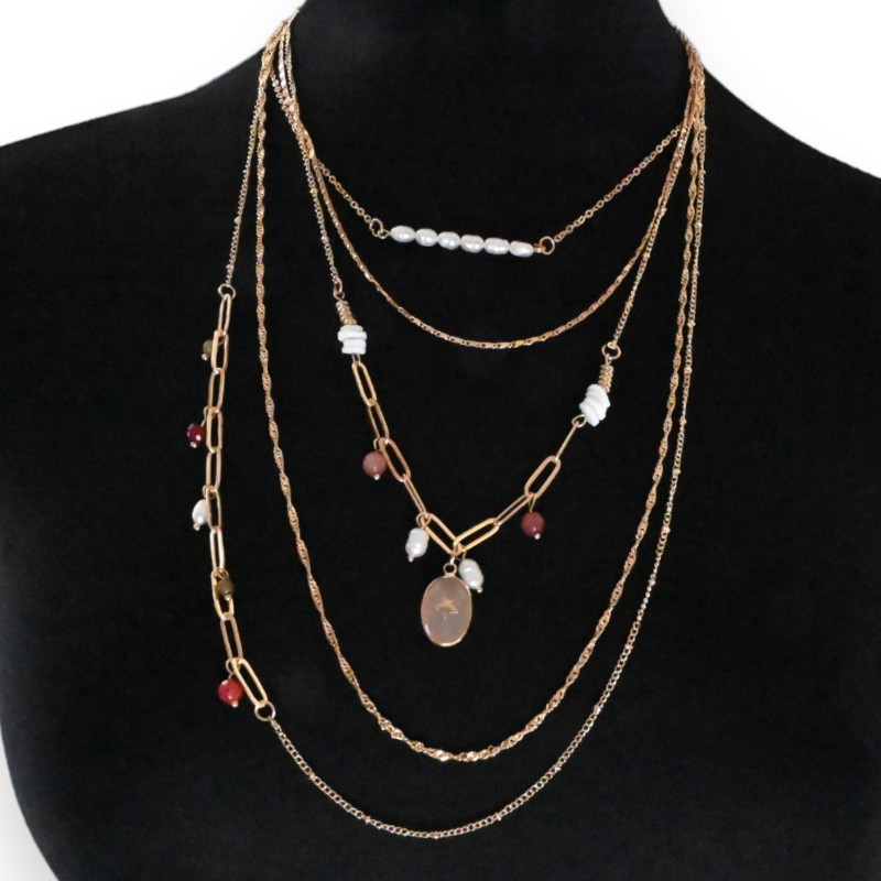 Collier fantaisie doré 5 rangées perles grena et blanches