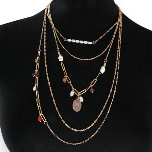 Collier fantaisie doré 5 rangées perles grena et blanches