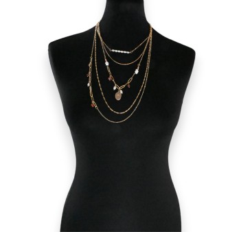 Collier fantaisie doré 5 rangées perles grena et blanches