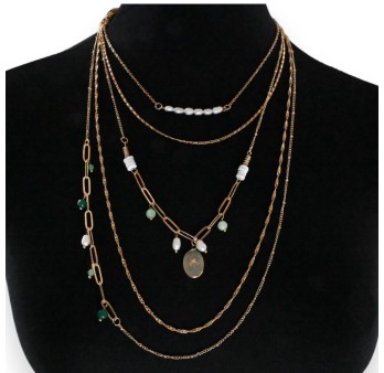 Collier fantaisie 5 rangées pierres nuance verte