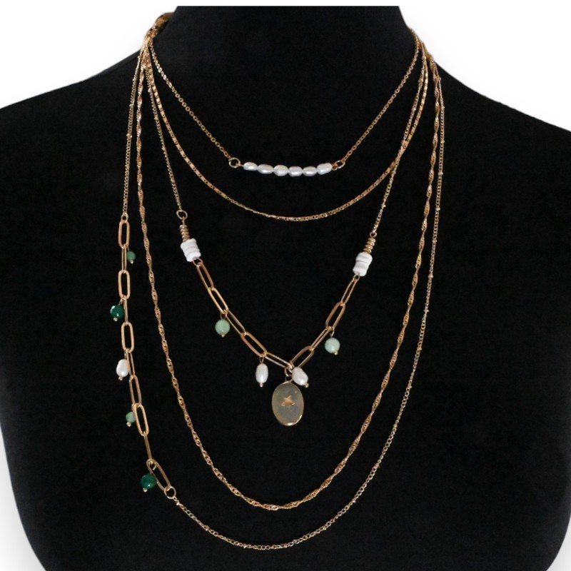 Collier fantaisie 5 rangées pierres nuance verte