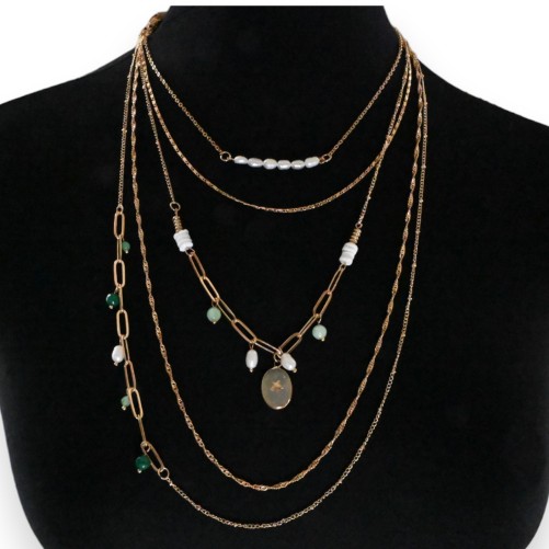 Collier fantaisie 5 rangées pierres nuance verte