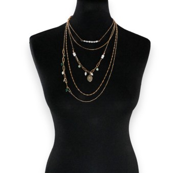 Collier fantaisie 5 rangées pierres nuance verte