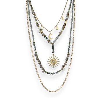 Collier fantaisie doré pierres grise breloque soleil
