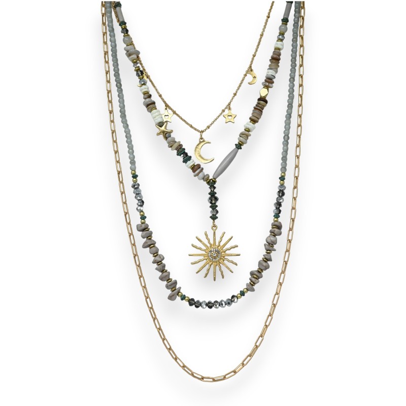 Collier fantaisie doré pierres grise breloque soleil