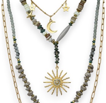 Collier fantaisie doré pierres grise breloque soleil